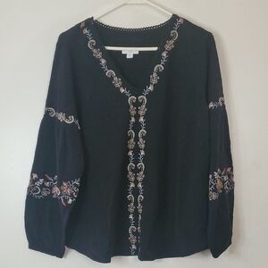 J.Jill Black Gauze Cotton Embroidered BoHo Blouse Top Size  Small Petite V-Neck